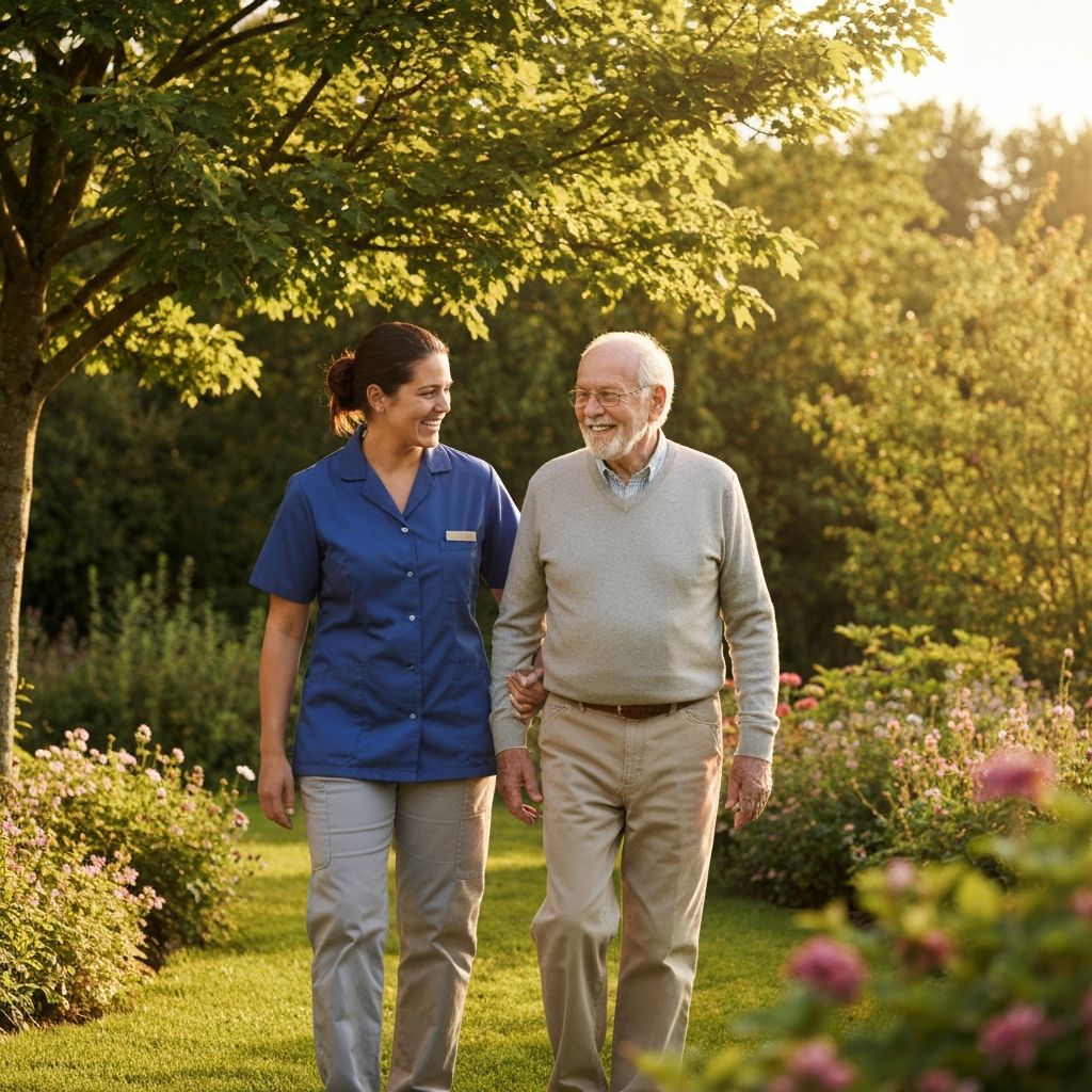 Pflegerin begleitet aelteren Herrn bei einem Spaziergang im Gruenen