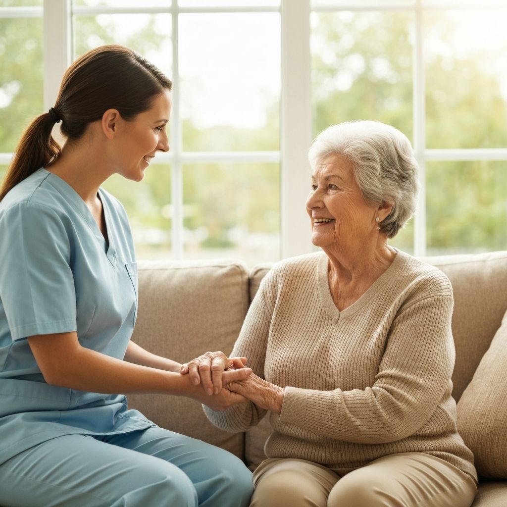 Liebevolle Betreuung einer aelteren Dame durch eine Pflegerin